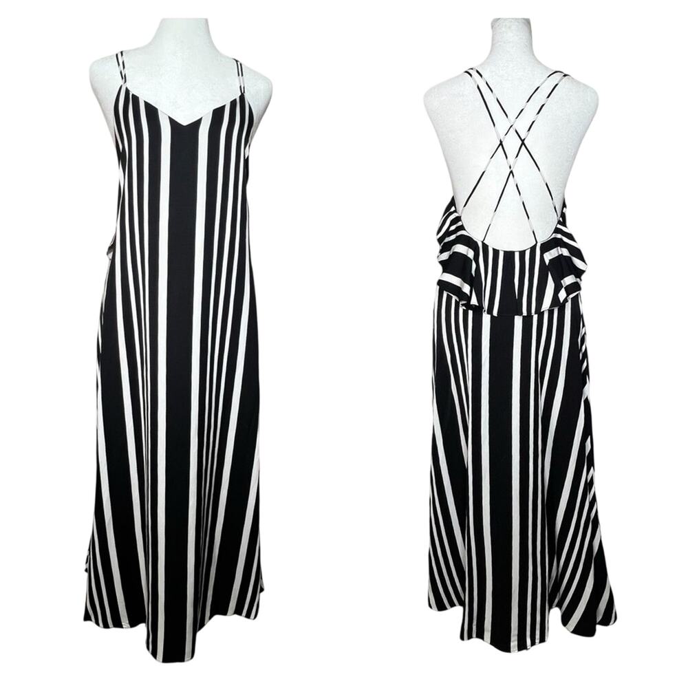 Jorya Luxury Black White Stripe Silky Midi Dress 6 Strappy Low Ruffle Back